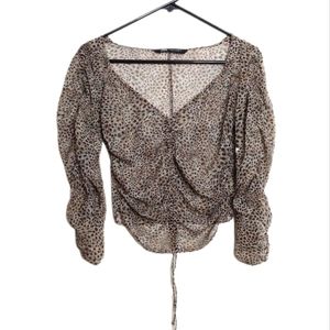 Zara Women's Cheetah Print Deep V Neck Ruched Long Sleeve Blouse Size Small